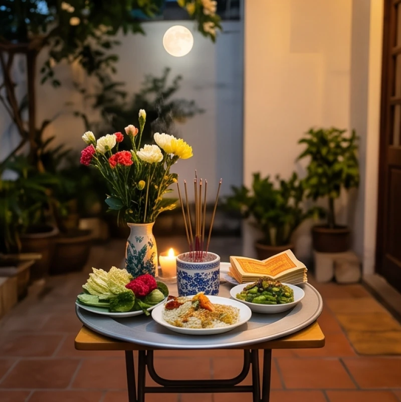 Mâm lễ nhỏ cúng thí thực chúng sinh vào ngày rằm hàng tháng của hộ gia đình với hoa tươi và nhang khói