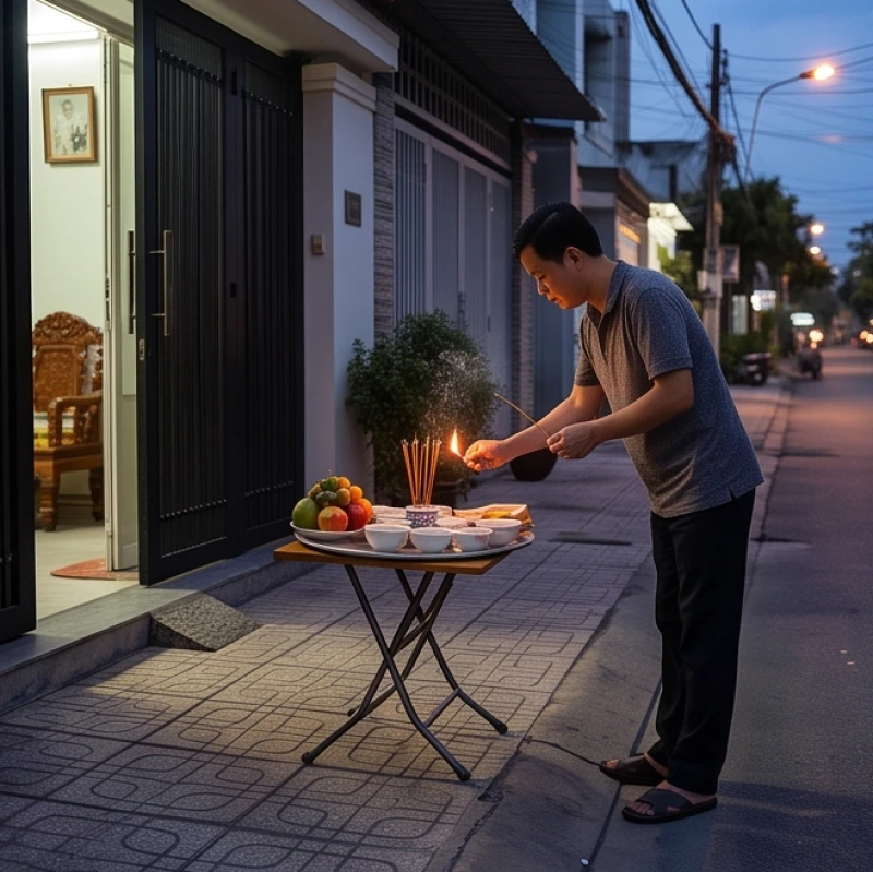 Gia chủ đang thắp nhang bên mâm cúng chúng sinh được đặt ngoài vỉa hè cách biệt với không gian sinh hoạt