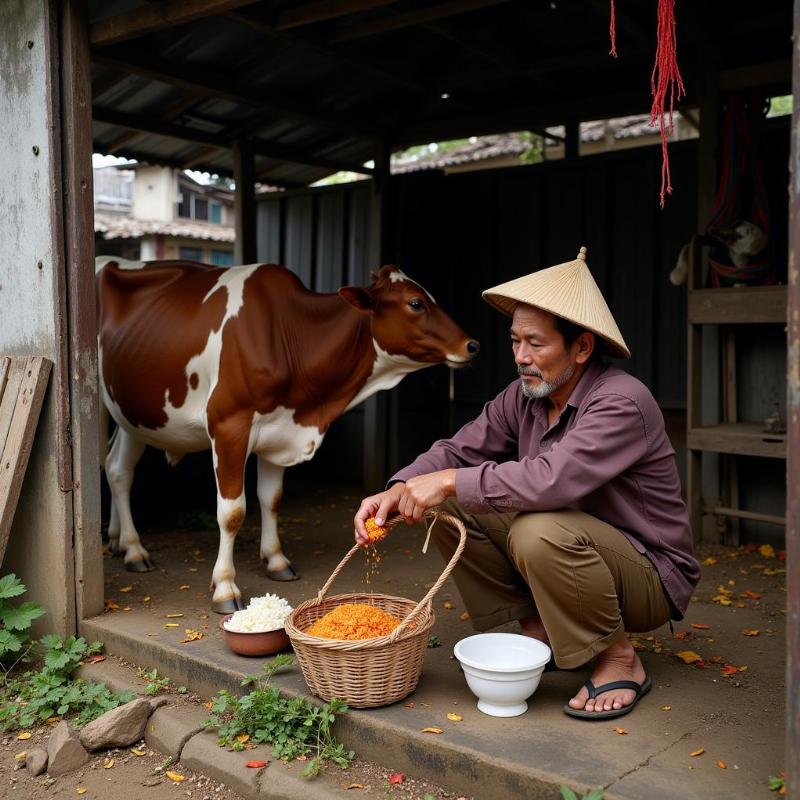 Người nông dân thực hiện nghi lễ cúng chuồng bò