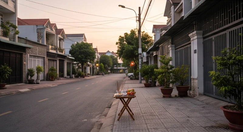Không gian thực hiện nghi thức cúng thí thực vào lúc chiều muộn khi mặt trời vừa khuất bóng