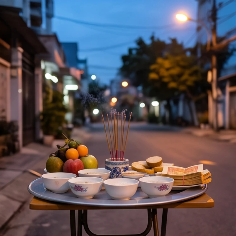 Mâm cúng cô hồn được bày biện dưới ánh sáng chạng vạng của buổi xế chiều khi dương khí bắt đầu suy yếu