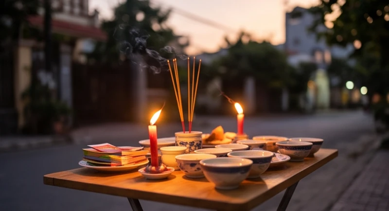Văn khấn cúng cô hồn ngoài trời: Bản chuẩn, ngắn gọn & cách cúng 3 Khung cảnh cúng cô hồn vào buổi chiều tối khi ánh sáng ban ngày vừa tắt