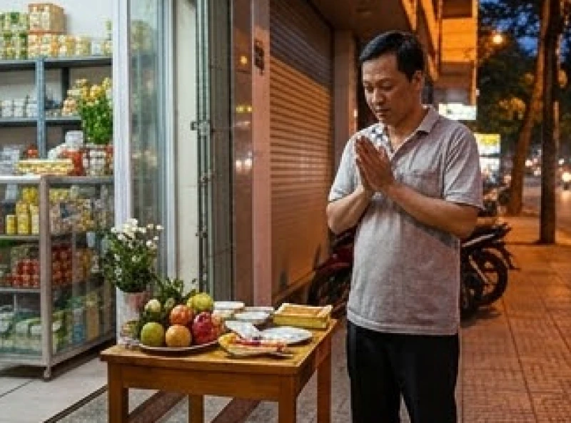 Chủ cửa hàng chắp tay thành tâm đứng vái lạy trước mâm lễ cúng mùng 2 âm lịch