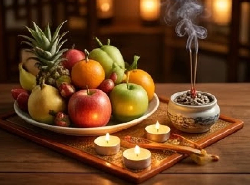Mâm lễ cúng sao giải hạn được bày biện trang nghiêm với hoa quả tươi, nến sáng và nhang trầm đang tỏa khói nghi ngút