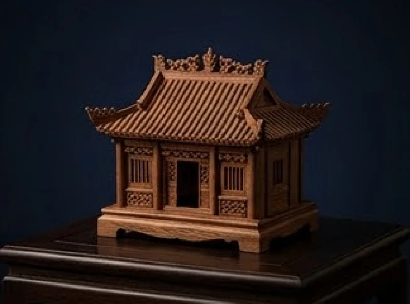 Mô hình ngôi nhà gỗ cổ truyền thống đặt trên bản đồ phong thủy