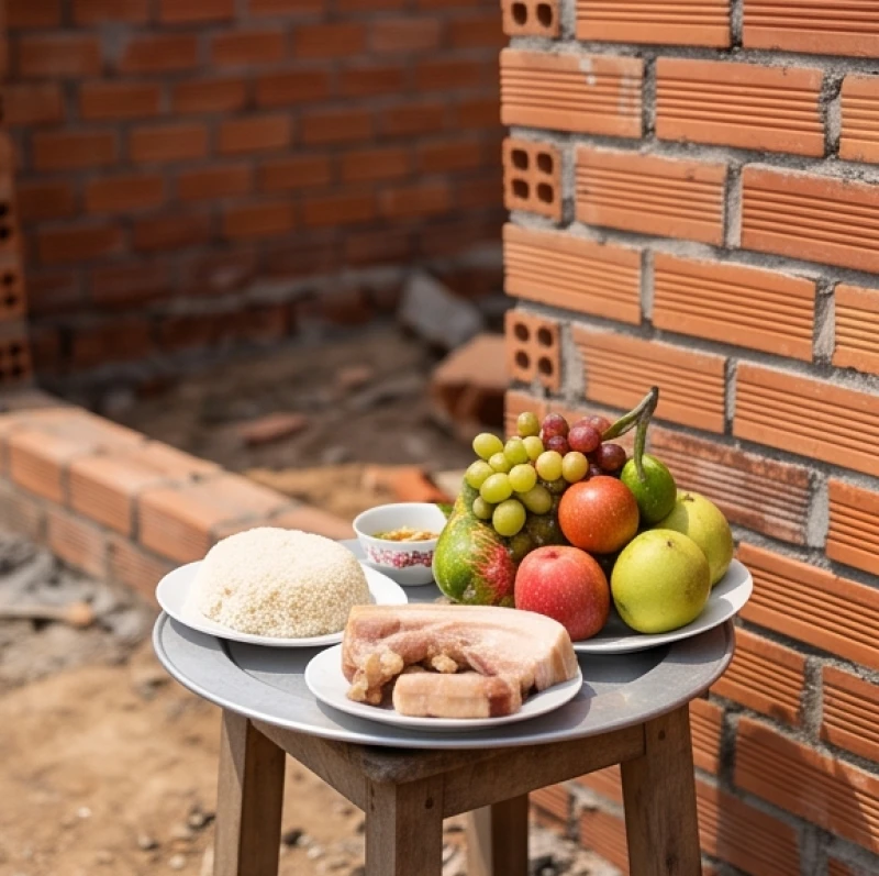 Mâm lễ chay và xôi thịt đơn giản được chuẩn bị để cúng xin phép đào móng xây nhà bếp