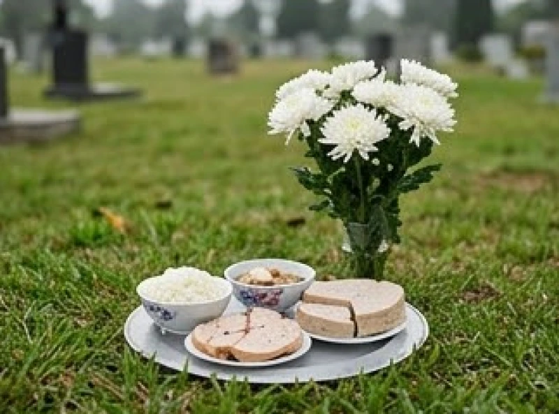Mâm cúng động thổ xây mộ phần với xôi trắng, giò lụa và hoa cúc trắng tinh khiết
