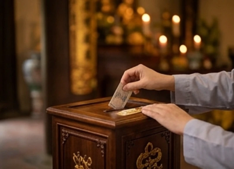 Văn khấn cầu siêu cho thai nhi tại chùa: Cách sắm lễ và thủ tục 4 Người hành hương thành tâm bỏ tiền công đức vào hòm giọt dầu tại không gian chánh điện của chùa