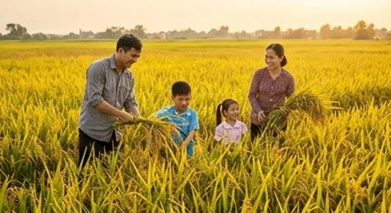 Mơ thấy mình đi gặt lúa điềm báo gì: Giải mã tâm lý & số may mắn 4 Gia đình nông dân cùng nhau vui vẻ cắt lúa trên cánh đồng rộng lớn trong buổi chiều tà