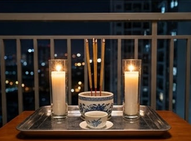 Văn khấn giao thừa ngoài trời: Bài cúng chuẩn và cách đặt mâm 8 Mâm lễ cúng tinh gọn được sắp xếp an toàn trên chiếc bàn nhỏ tại khu vực ban công chung cư cao tầng