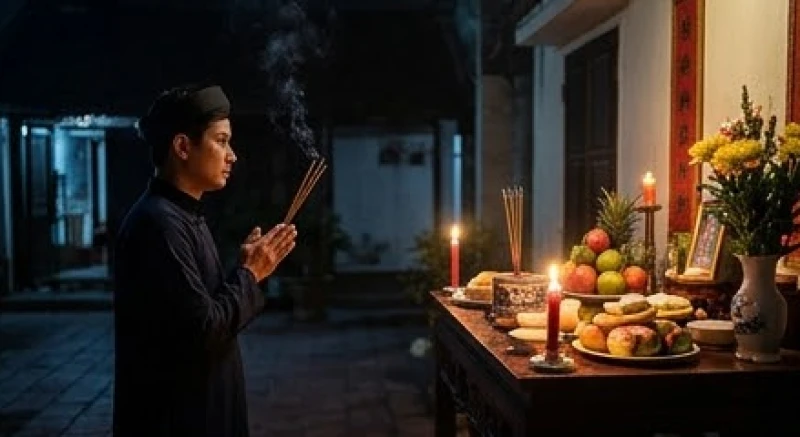 Gia chủ trang nghiêm thắp hương cúng giao thừa ngoài trời vào lúc nửa đêm