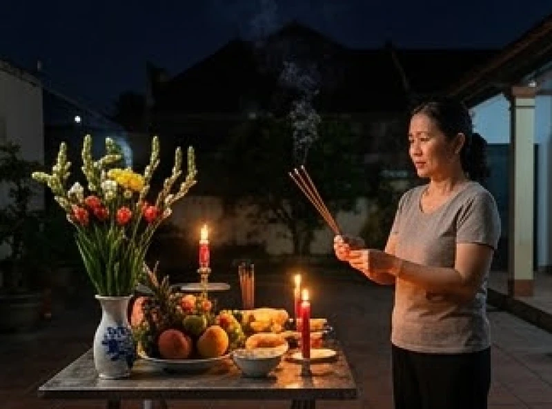 Văn khấn giao thừa trong nhà: Bài cúng chuẩn và quy tắc hành lễ 3 Gia chủ châm nén hương tại mâm cúng ngoài trời trước khi di chuyển vào trong nhà làm lễ gia tiên