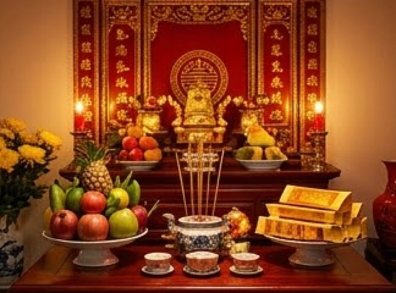 Không gian ban thờ gia tiên thiêng liêng rực rỡ ánh đèn và mâm ngũ quả lúc Giao thừa