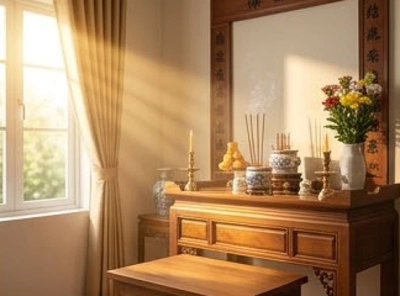 Không gian bàn thờ gia tiên sáng sủa và thanh tịnh vào buổi sáng khi gia chủ chuẩn bị làm lễ cúng giỗ