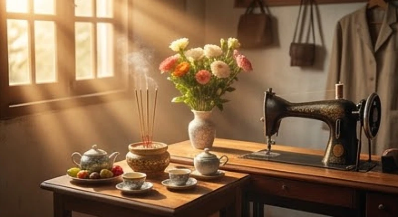 Không gian lễ cúng tạ ơn tổ nghề được thực hiện vào buổi sáng ngay bên cạnh khu vực bàn máy may