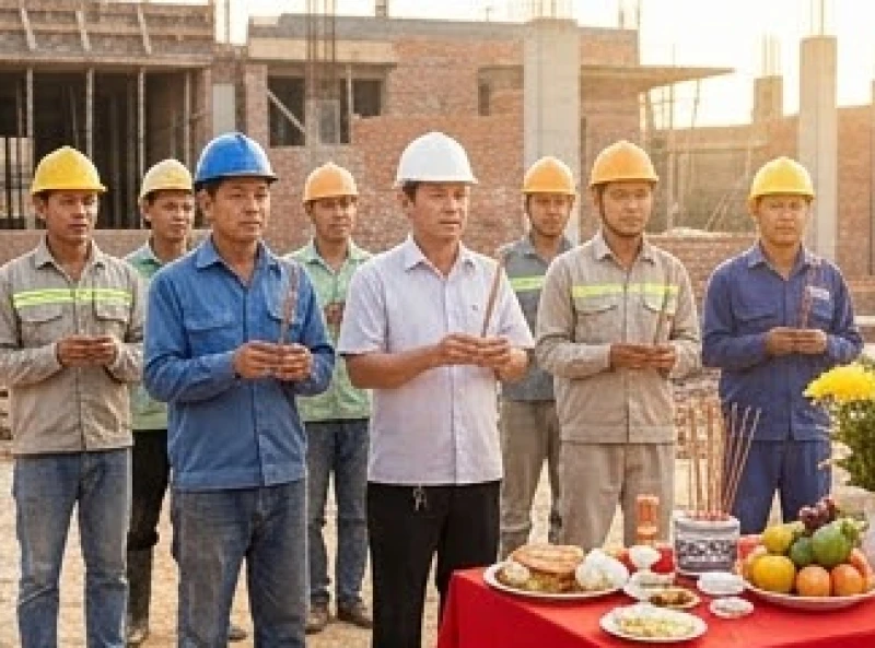 Chủ thầu và thợ thi công đang đứng trang nghiêm thắp nhang trước mâm cúng giỗ tổ ngành xây dựng tại công trình