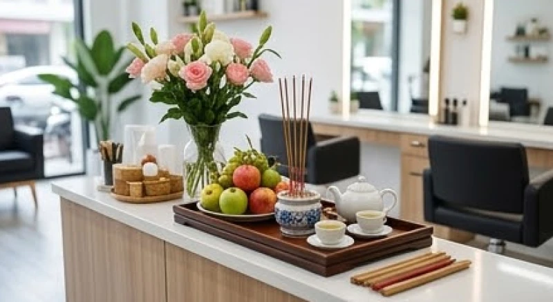 Một góc lễ cúng nhỏ gọn và sạch sẽ được lập ngay tại chiếc bàn nhỏ của cửa tiệm chăm sóc sắc đẹp
