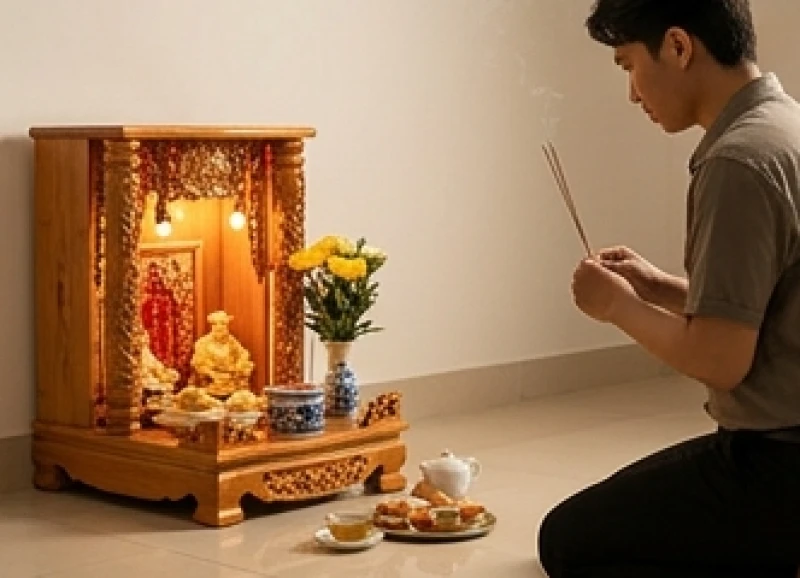 Văn khấn hạ bàn thờ để chuyển nhà: Bài cúng chuẩn và cách hạ đồ 9 Người kinh doanh thành tâm khấn vái trước khám thờ Thần Tài Thổ Địa để xin phép rước bát hương sang cơ sở làm ăn mới