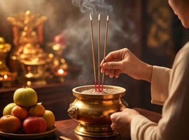 Gia chủ thành tâm thắp nén nhang đầu tiên tại lư hương trên bàn thờ Thần Tài