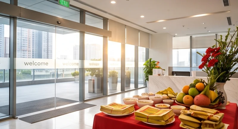 Mâm lễ vật phục vụ cho bài tấu văn khấn khai trương văn phòng được đặt tại sảnh lễ tân hướng ra cửa