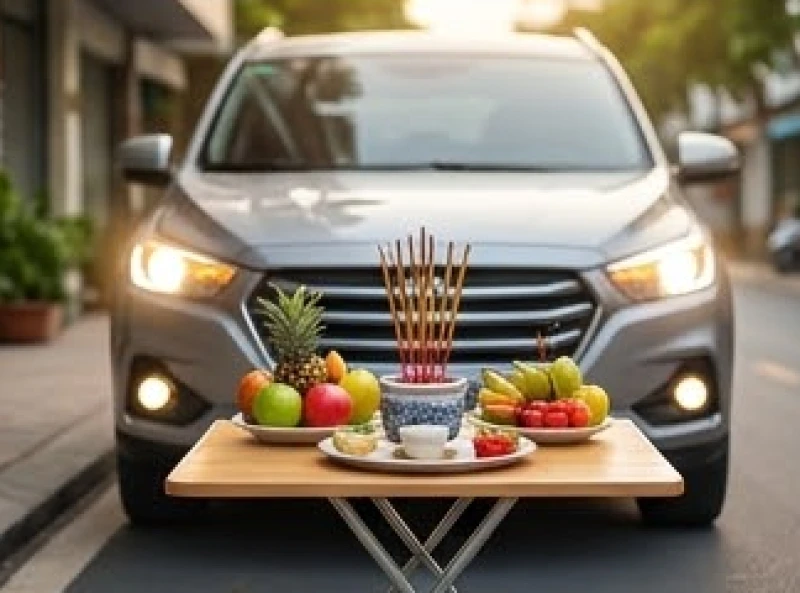 Mâm lễ cúng khai trương nhỏ đặt trên chiếc bàn nhựa phía trước đầu xe ô tô kinh doanh