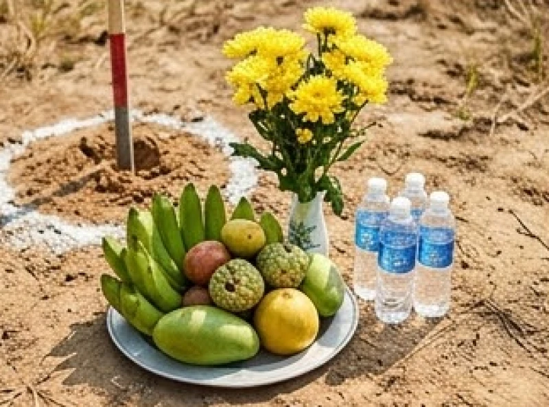 Bàn cúng hoa quả và nước suối tinh khiết đặt cạnh vị trí chuẩn bị khoan giếng