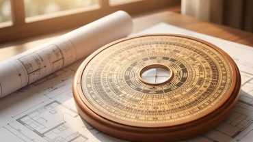 La bàn phong thủy bằng gỗ đặt trên bản vẽ kiến trúc minh họa cho khái niệm cung mệnh là gì