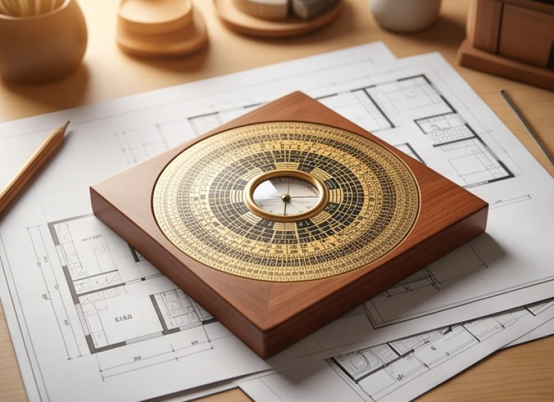 La bàn Bát Trạch bằng gỗ đặt trên bản vẽ kiến trúc định vị phương hướng cát hung cho ngôi nhà
