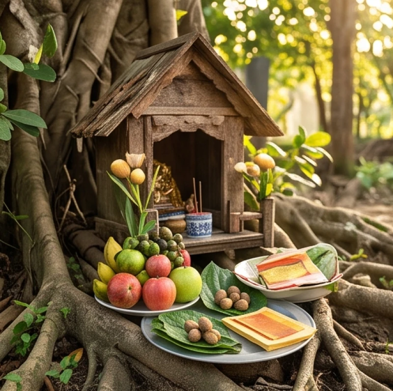Văn khấn miếu cây: Bài cúng rằm mùng 1 và quy tắc sắm lễ 4 Khay đồ lễ ngũ quả và trầu cau dâng tại một miếu thờ nhỏ bé dưới gốc cây trong vườn