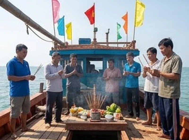 Ngư dân tề tựu trên boong tàu thực hiện lễ cúng mở biển đầu năm để khởi đầu mùa đánh bắt