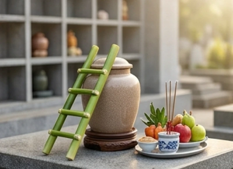 Mâm cúng giản lược và chiếc thang bẹ chuối nhỏ được đặt tựa vào hũ tro cốt tại không gian chùa