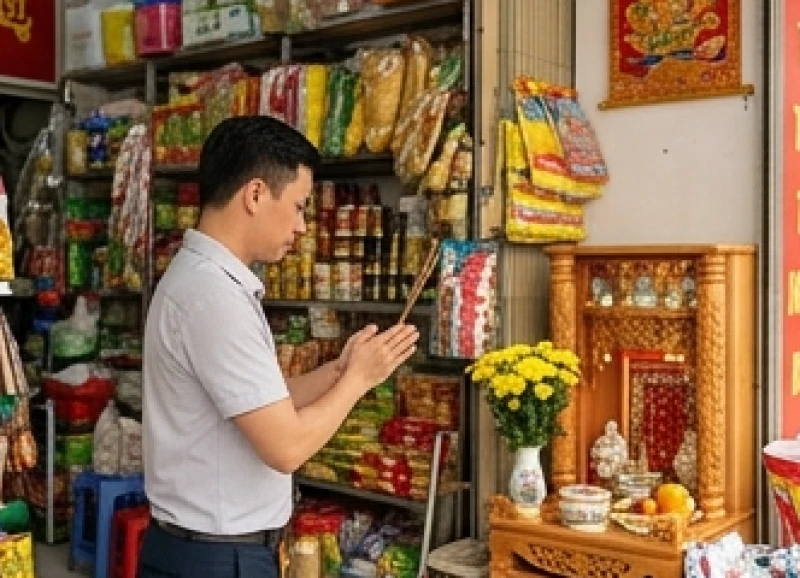 Văn khấn mùng 1 tại cửa hàng: Bài cúng chuẩn & quy trình xin lộc 8 Chủ cửa hàng thành tâm dâng hương khấn vái Thổ Công và Thần Tài tại mặt bằng kinh doanh đi thuê