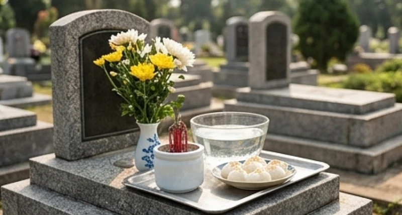 Mâm lễ giản dị gồm hương tươi, nước sạch và bánh trôi dâng lên phần mộ gia tiên giữa không gian thiên nhiên thanh tĩnh
