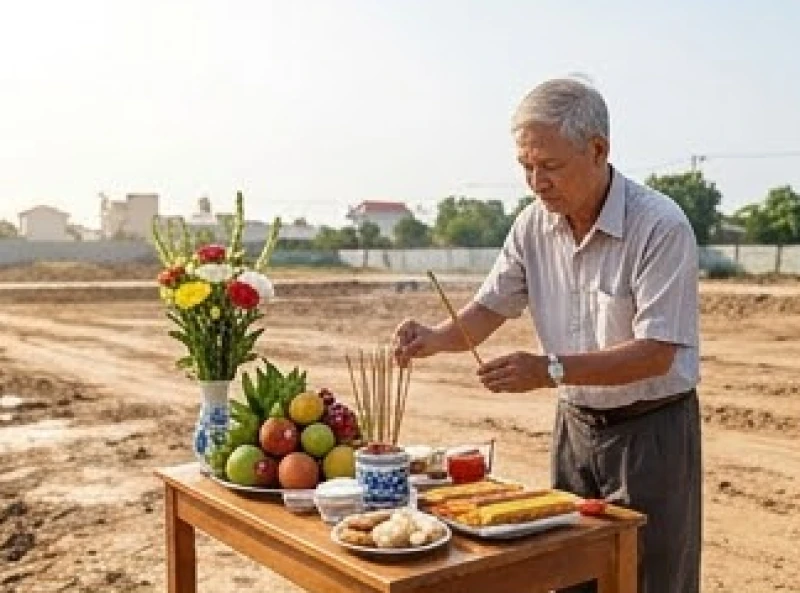 Văn khấn động thổ xây nhà: Bài cúng chuẩn và thủ tục trọn vẹn 7 Người được mượn tuổi đang thay mặt gia chủ thắp nhang và tiến hành nghi lễ cúng tại khu đất trống