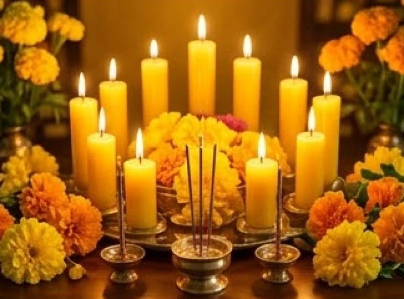 Mâm lễ nghinh sao Thái Dương được thắp sáng rực rỡ bởi 12 ngọn nến vàng và hoa quả tươi