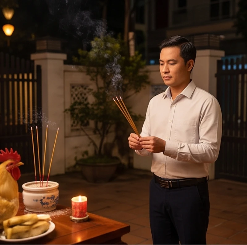Văn khấn ngoài trời ngày 30 Tết: Bài cúng Trừ Tịch và hướng đặt lễ 2 Gia chủ mặc trang phục chỉnh tề thắp hương cúng ngoài trời đêm 30 Tết để nghênh đón quan Hành khiển