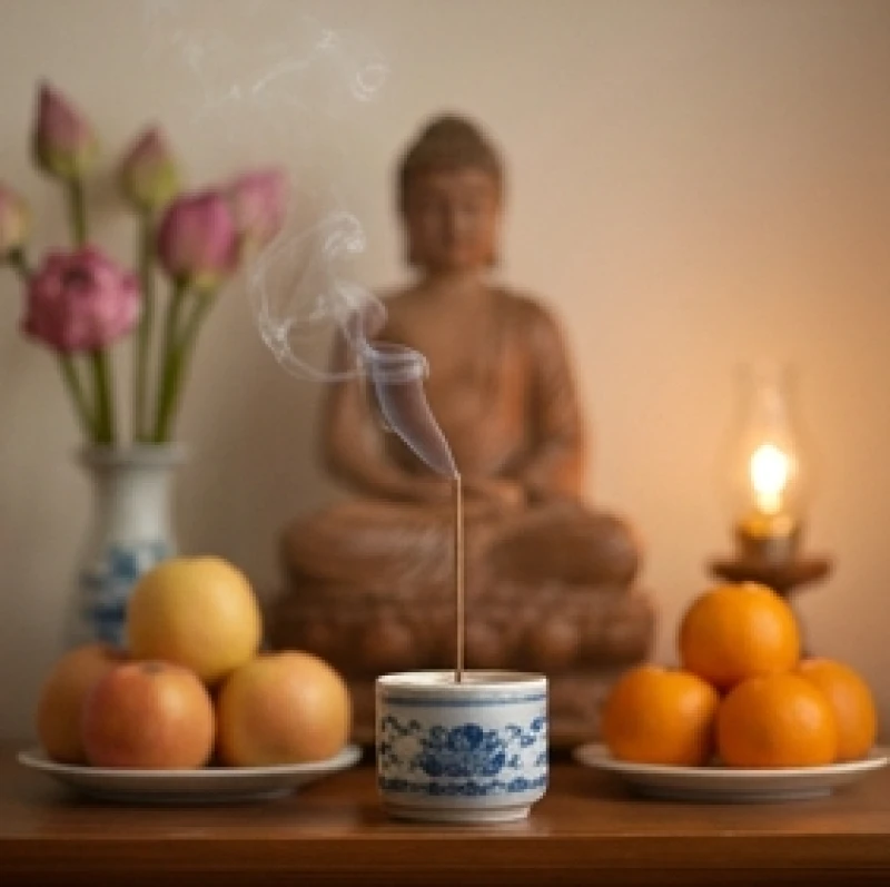 Không gian ban thờ Phật trong dịp Lễ Vu Lan với nén hương trầm được dâng lên để hồi hướng công đức cho đấng sinh thành