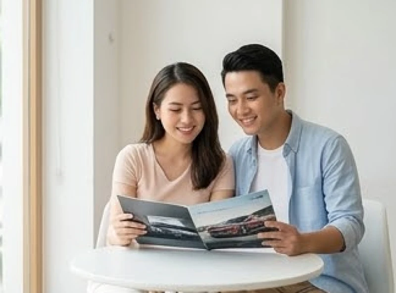 Hai vợ chồng trẻ đang thảo luận về các màu xe tương sinh trên cuốn catalogue xe hơi