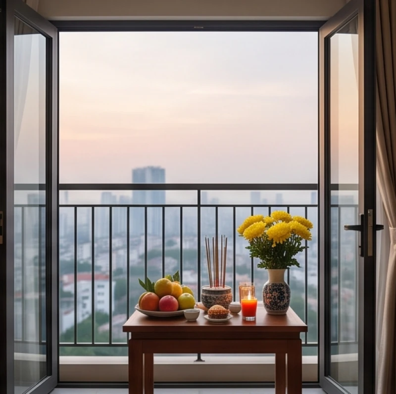 Văn khấn ngoài trời ngày rằm: Bài cúng chuẩn, vị trí và hướng lạy 6 Chiếc bàn nhỏ bày biện lễ vật sát mép lan can ban công chung cư với tầm nhìn hướng ra khoảng không bên ngoài