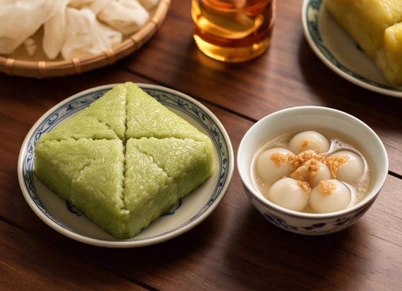 Bánh chưng và bát chè trôi nước trong mâm lễ cúng thần linh rằm tháng Giêng