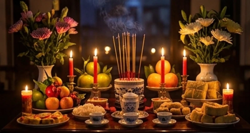 Ban thờ ấm cúng ngập tràn hương hoa và ánh nến trong thời khắc Giao thừa đón thần linh trở lại