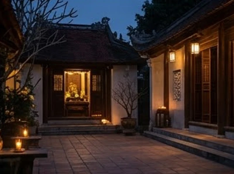 Văn khấn sao Thái Âm tại nhà: Sơ đồ 7 nến & bài cúng chuẩn 4 Khung cảnh sân nhà yên bình trong đêm 26 tháng Giêng khi gia đình chuẩn bị cúng nghênh sao