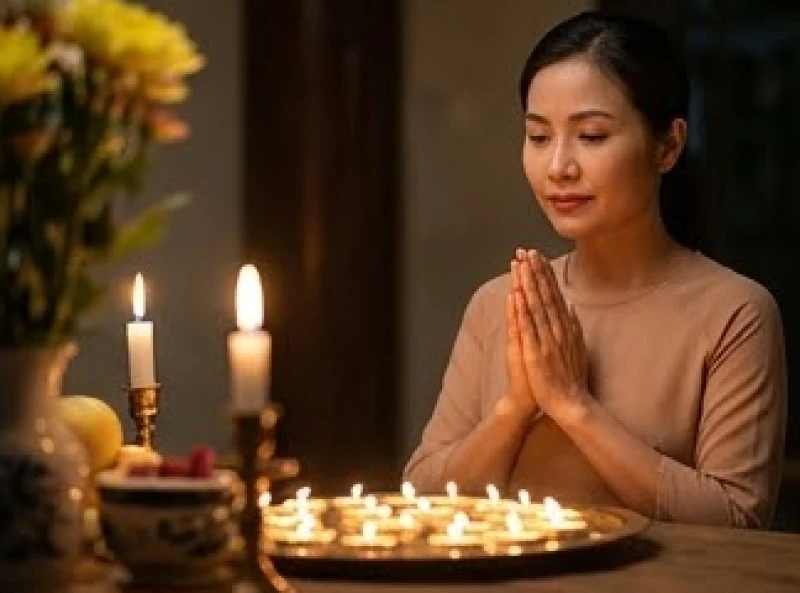 Văn khấn sao Mộc Đức chuẩn: Sơ đồ 20 nến và cách ghi bài vị 2 Người phụ nữ chắp tay thành kính thực hiện nghi lễ dâng sao giải hạn trong không gian thanh tịnh