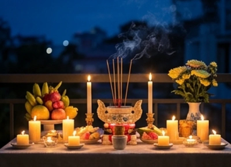 Gia chủ thiết lập đàn lễ ngoài trời để thực hiện nghi thức cúng sao giải hạn ngay trong dịp đầu năm mới