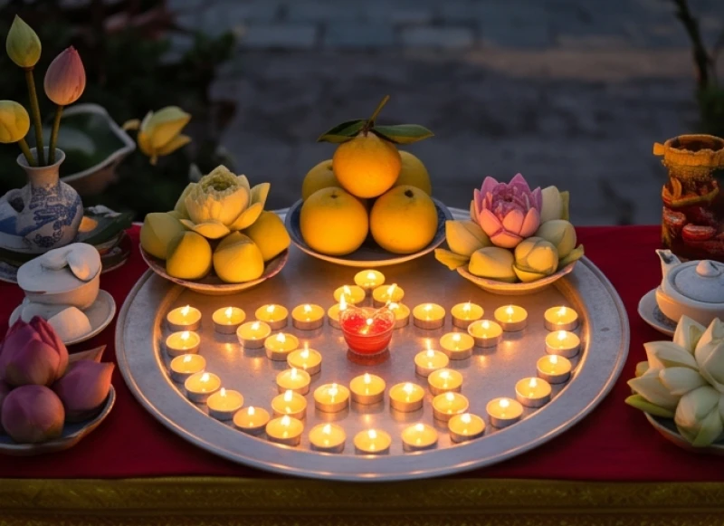 Mâm lễ cúng sao giải hạn Kế Đô với các lễ vật như trái cây, nến và hương hoa