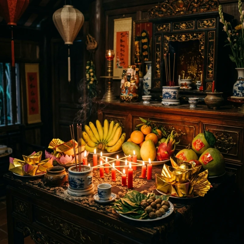 Mâm lễ cúng sao giải hạn với nến, hoa quả tươi và bài vị đúng màu sắc quy định