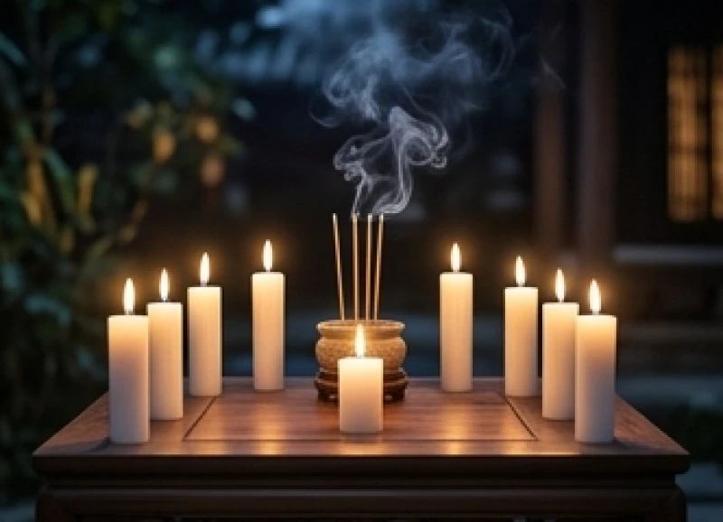 Tám ngọn nến được thắp sáng và xếp thành hình chữ U trong nghi thức dâng sao giải hạn buổi tối
