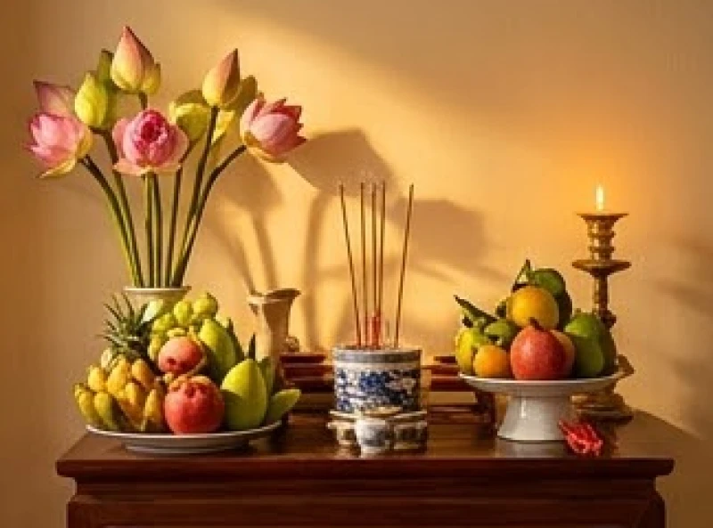 Tuổi Bính Tuất 1946: Bản mệnh, phong thủy an dưỡng & sức khỏe 6 Bàn thờ nhỏ tại gia được bày biện hoa quả tươi và nhang đèn ấm cúng để cúng dâng sao giải hạn