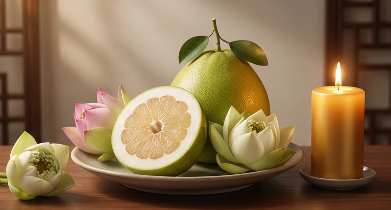 Đĩa hoa quả tươi và ngọn nến vàng lung linh trong không gian thờ cúng thanh tịnh