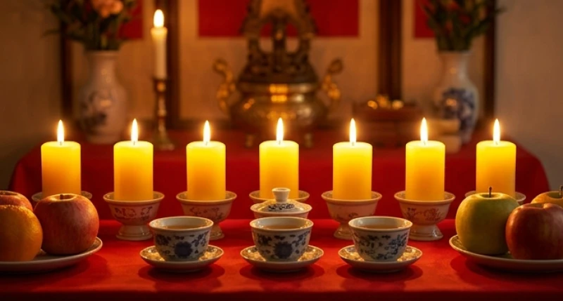 Tử vi tuổi Hợi năm 2026: Bảng tra sao hạn và cách hóa giải 14 Mâm cúng sao được bài trí trang nghiêm với nến vàng thắp sáng để cúng sao giải hạn tuổi Hợi